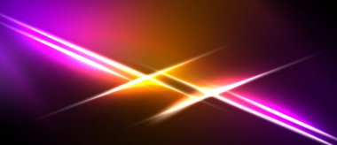 Parlak çizgiler kesişiyor. Turuncu, pembe renkler koyu arkaplana hükmediyor. Yoğun ışık dinamik görsel efekt yaratır.