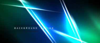 Soyut neon çizgileri koyu yeşil, mavi renkler üzerinde geometrik şekiller oluşturur. Dijital projeler için modern tasarım ögesi.