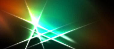 Parlak ışık çizgileri merkezden yayılıyor. Yeşil, turuncu renkler koyu arkaplana hakim. Görünür soyut enerji efekti.