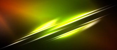 Soyut tasarım, parlak yeşil, koyu arkaplan üzerinde sarı çizgiler içerir. Işık yayar, dinamik görsel efekt yaratır..