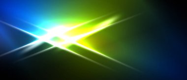 Parlak ışık merkezden yayılıyor. Mavi, yeşil, sarı renkler karanlığa karışıyor. Dinamik enerji, soyut görsel etki.