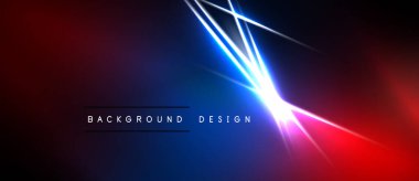 Soyut arkaplan parlak mavi, kırmızı gradyanlara sahiptir. Parlak ışık çizgileri kesişir, dinamik görsel efekt yaratır. Karanlık uzay renkli elementleri kapsar.