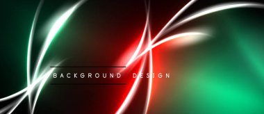 Soyut neon hatları dinamik arkaplan oluşturur. Kırmızı, yeşil, beyaz ışık karanlık uzaya karşı. Dijital projeler için modern tasarım ögesi.