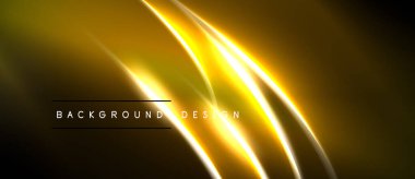 Koyu arkaplanda altın ışık çizgileri var. Soyut tasarım, dinamik görsel etki yaratan kıvrımlar oluşturur. Metin arkaplan tasarımı okur.