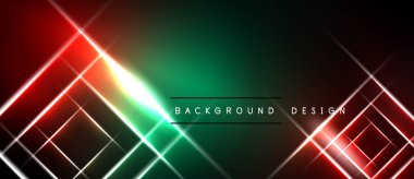 Soyut arkaplan canlı kırmızı ve yeşil eğimlere sahiptir. Parlak çizgiler, dinamik geometrik desenler oluşturarak kesişiyor. Koyu kenarlar çerçeve tasarımı.