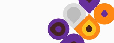 Soyut şekiller, daireler, üst üste binen formlar. Mor, turuncu, gri renkler kompozisyona hakim. Minimalist tasarım, temiz estetik. Modern grafik ögesi.