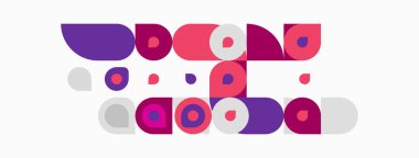 Soyut geometrik şekiller, daireler, ovaller, mor, pembe renkler. Minimalist tasarım, düz çizim, modern estetik. Basit kompozisyon.