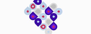 Soyut geometrik desen. Çemberler, kareler, dikdörtgenler üçgen şeklini alırlar. Mor, gri, pembe renkler beyaz arkaplana hakim. Modern tasarım.