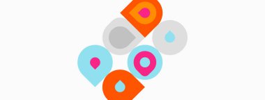 Renkli soyut şekiller beyaz arkaplanla örtüşüyor. Geometrik tasarım daireler, kareler, oyuncu kompozisyon içerir. Modern estetik.