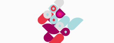 Soyut şekiller örtüşür, canlı bir bileşim yaratır. Pembe, kırmızı, mavi tonlar beyaz arkaplana hükmediyor. Modern tasarım elemanları.