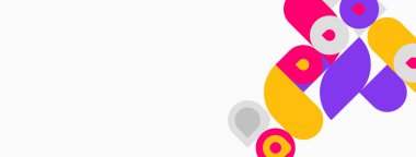 Soyut renkli şekiller beyaz uzayla örtüşüyor. Parlak pembe, mor, sarı elementler dinamik bileşim oluşturur. Modern tasarım.