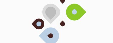 Soyut tasarım beyaz arkaplana dağılmış renkli damlacık şekilleri içerir. Minimalist kompozisyon, basit formlar, modern estetik.