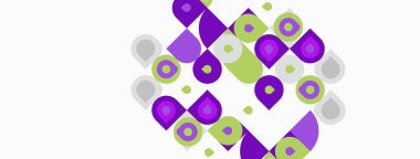 Soyut geometrik şekiller, mor, yeşil, gri. Üst üste binen kareler, daireler, gözyaşları dinamik bileşim oluşturur. Minimalist tasarım.