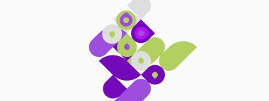 Üst üste binen daireler, ovaller ve yaprak şekilleri içeren soyut bir kompozisyon. Mor, yeşil, beyaz renkler tasarımda baskın. Minimalist estetik.