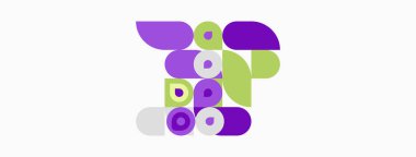 Soyut geometrik şekiller, mor, yeşil, lavanta renkleri. Minimalist tasarım, temiz çizgiler, modern estetik. Basit kompozisyon, düz grafik ögeleri.