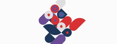 Soyut geometrik şekiller örtüşür, dinamik bileşim yaratır. Renkler kırmızı, mor, mavi, gri, beyaz. Minimalist tasarım.