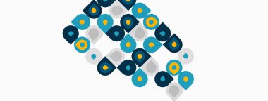 Soyut şablon tekrarlanan şekilleri gösterir. Mavi, deniz mavisi, sarı daireler, hilal dinamik görsel doku yaratır. Minimalist tasarım.