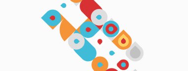 Soyut geometrik şekiller çakışıyor, renkli desenler yaratıyor. Daireler, kareler, dikdörtgenler kompozisyona hakim. Parlak renkler modern estetik sunar.