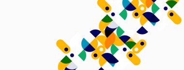 Soyut geometrik şekiller, canlı renkler, modern tasarım. Daireler, kareler, yuvarlak dikdörtgenler dinamik bileşim oluşturur. Temiz estetik.