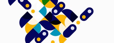 Soyut geometrik şekiller örtüşür, dinamik bileşim yaratır. Renkler arasında mavi, sarı, deniz mavisi, altın, beyaz var. Modern tasarım elemanları.