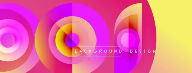 Soyut, canlı çemberler örtüşüyor ve dinamik, renkli bir arkaplan oluşturuyor. Pembe, mor, sarı renkler kompozisyona hakim. Modern tasarım ögesi.