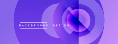 Soyut mor tasarım, üst üste binen daireler. Metin arka plan tasarımı okur. Gradyan gölgeler derinlik yaratır, modern estetik.