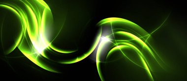 Parlak yeşil enerji akar, karanlık arka planda dönen şekiller. Dinamik çizgiler soyut görsel etki yaratır. Canlı, parlak bir tasarım..