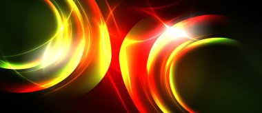 Soyut enerji akışları. Parlak kıvrımlar kesişiyor, dinamik ışık efektleri yaratıyor. Koyu arkaplan parlayan şekilleri vurgular.