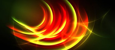Soyut hareketli girdaplar, akan çizgiler. Kırmızı, sarı, yeşil renkler koyu arkaplana hakim. Dinamik enerji merkezden yayılır.