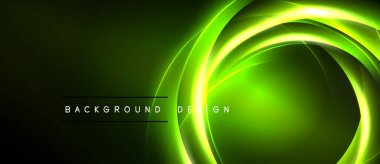 Koyu yeşil arka plan parlak neon kıvrımlara sahiptir. Metin parlayan satırların altında arkaplan tasarımı okuyor. Modern soyut görsel.