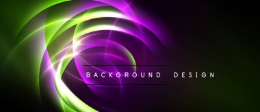 Canlı soyut girdaplar, yeşil, mor renkler hakim. Karanlık arka plan dramatik görsel efektler yaratır. Modern tasarım ögesi.