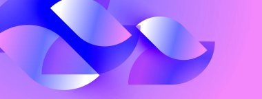 Soyut kurdeleler sıvı şekiller oluşturur. Mor, mavi renkler kompozisyona hakim. Gradyan aydınlatma derinlik yaratır, görsel ilgi.