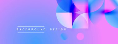 Soyut eğim arkaplanı. Üst üste binen daireler, kareler dinamik görsel efektler yaratır. Mor, mavi renkler kompozisyona hakim. Modern tasarım ögesi.