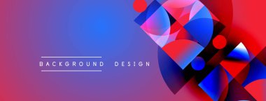 Soyut geometrik şekiller canlı mavileri, pembeleri, kırmızıları harmanlarlar. Gradyan arka plan dinamik görsel efekt yaratır. Modern tasarım ögesi.