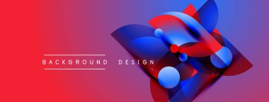 Soyut geometrik şekiller üst üste binerek canlı kırmızı mavi gradyan oluşturur. Metin arka plan tasarımı okur. Modern görsel kompozisyon.