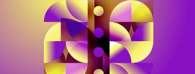 Soyut geometrik bileşim. Canlı mor, sarı renkler harmanlanmış. Şekiller örtüşür ve dinamik görsel efekt yaratır. Modern tasarım.