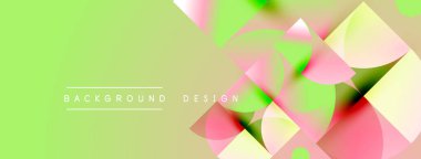 Soyut geometrik şekiller örtüşüyor, canlı renk eğimleri yaratıyor. Açık yeşil arka plan pembe ve sarı renkleri tamamlıyor. Modern tasarım ögesi.