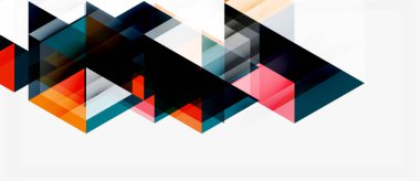 Soyut geometrik şekiller örtüşür, dinamik bileşim yaratır. Renkler arasında turuncu, mavi, pembe, siyah, beyaz sayılabilir. Modern tasarım elemanları.