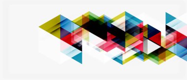 Soyut geometrik şekiller çakışıyor, renkli desenler yaratıyor. Parlak üçgenler beyaz arkaplana hakim. Modern tasarım ögesi.