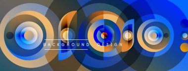 Soyut daireler örtüşüyor, parlak mavi, turuncu renkler yaratıyor. Metin, kompozisyon içerisindeki arkaplan tasarımını okur. Modern grafik ögesi.