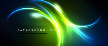 Soyut tasarım parlak kıvrımlar içerir. Yeşil, mavi renkler koyu arkaplana hakim. Metin arka plan tasarımı okur. Dinamik, enerjik görsel.