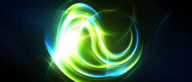 Parlak soyut girdaplar, parlak yeşil renkler baskın gelir. Mavi aksanlar dinamik enerji yaratır. Karanlık zemine karşı akan şekiller..