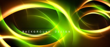 Soyut neon dalgalar, canlı yeşil, sarı, turuncu renkler. Dinamik akış çizgileri fütüristik arkaplan tasarımı yaratır. Düz eğimler, karanlık boşluk.