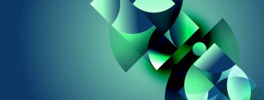 Soyut kompozisyon. Üst üste binen şekiller dinamik görsel efekt yaratır. Serin maviler, yeşiller palete hakim. Modern tasarım.