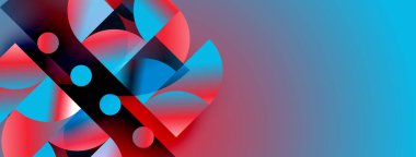 Soyut geometrik şekiller, canlı maviler, kırmızılar kompozisyona hakim. Modern tasarım, gradyan etkiler dinamik görsel etki yaratır.