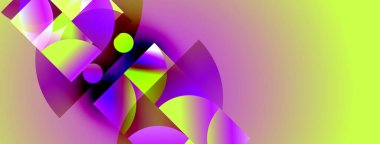 Canlı mor, sarı renklerin yer aldığı soyut bir kompozisyon. Geometrik şekiller, dinamik görsel efekt oluşturur. Gradyan arkaplan derinlik ekler.