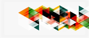 Soyut geometrik desen. Üst üste binen üçgenler dinamik görsel efekt yaratır. Parlak renkler beyaz arkaplanla tezat oluşturur. Modern tasarım ögesi.