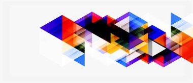 Soyut geometrik şekiller örtüşür, canlı renkli tasarım yaratır. Üçgenler, modern estetik sunarak kompozisyona hükmediyor..