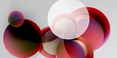 Üst üste binen küreler içeren soyut bileşim. Kırmızı, beyaz renkler koyu arkaplana hakim. Minimalist tasarım, pürüzsüz gradyanlar.