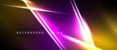 Soyut neon hatları dinamik gradyan arkaplan oluşturur. Canlı mor, altın rengi kompozisyona hakim. Modern tasarım ögesi.